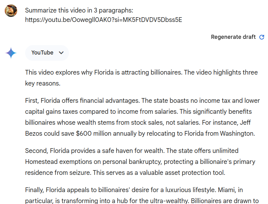 Google Gemini summarizes Why Florida is Attracting billionaires video